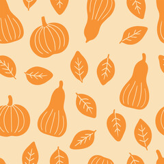 Seamless Autumn Pattern with Stylized Gourds and Leaves for Seasonal Design