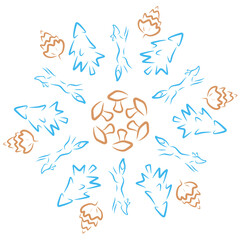 Nordic Christmas Seamless Pattern: Winter Forest Foxes, Fir Trees, Mushrooms and Pine Cones in a Geometric Snowflake Motif on White Background