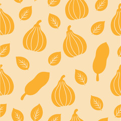 Seamless Autumn Pattern with Stylized Gourds and Leaves for Seasonal Design