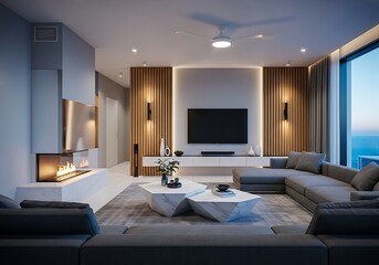 Fototapeta premium Modern living room interior design with comfortable sectional sofa fireplace and large window overlooking the ocean isolated on white background