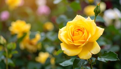 Close-up of a radiant yellow rose surrounded by blurred foliage and other flowers