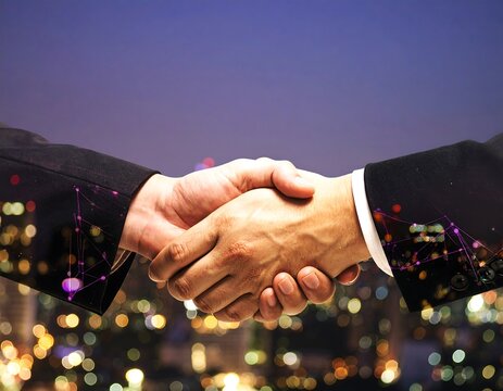 Business handshake at night over cityscape - Powered by Adobe