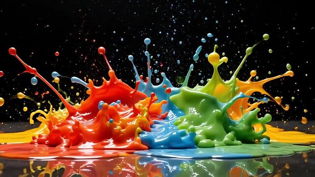 Vibrant colorful paint splashes frozen in motion against a dark background