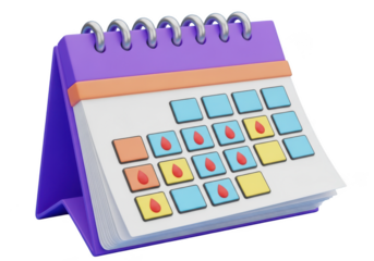 A 3d rendered desk calendar with colorful squares and icons isolated on transparent background