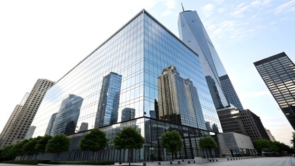 Fototapeta premium Modern glass skyscraper reflects urban cityscape under bright sky