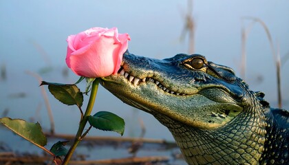 An alligator sniffs a pink rose against a serene, watery backdrop