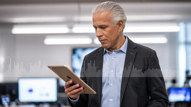 Senior Caucasian Executive with Silver Hair Holding Tablet & Data Visualization — Modern Office, C‑Suite, BI/Fintech/SaaS Landing Image - Powered by Adobe