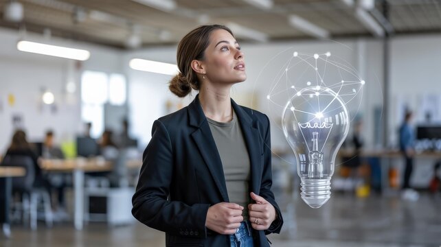 Young Caucasian businesswoman (20s), female founder in black blazer with holographic lightbulb network overlay &mdash; modern open‑plan office hero image for startups and women in tech