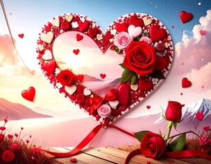 Romantic heart-shaped frame with roses and sunrise view