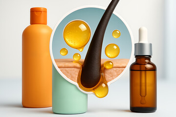Pore ​​with oil droplets. 3D illustration of hair care products including shampoo, conditioner and serum bottles, emphasizing the nourishing effect of beauty products.
