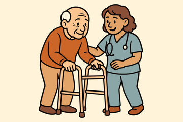 Caring nurse assisting elderly man with walker for mobility support and independence