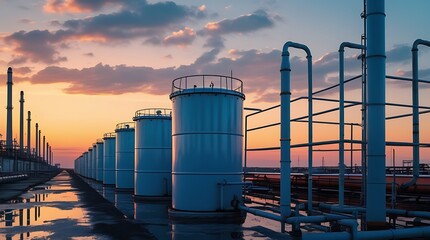 Row of oil tanks, industrial environment, sunset sky, energy sector, petroleum production business, storage, logistics, transportation, fuel industry, oil price, refinery market, environmental impact.