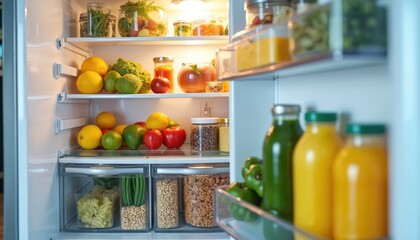 Neatly organized refrigerator filled with fresh fruits vegetables drinks, pantry items. Bright interior with clear containers, bottles maintains order. Healthy food storage for modern kitchen life.