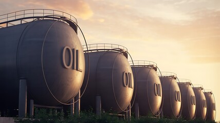 Row of oil tanks, industrial environment, sunset sky, energy sector, petroleum production business, storage, logistics, transportation, fuel industry, oil price, refinery market, environmental impact.