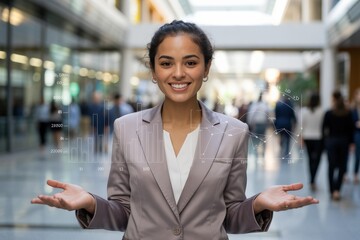 Confident Young South Asian Businesswoman in Taupe Blazer Presenting Holographic Data Charts — SaaS Analytics & BI Hero Image