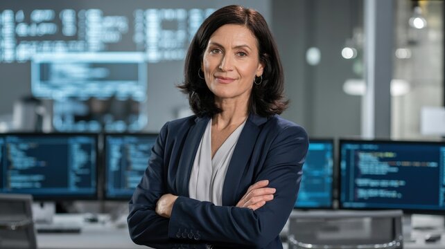 Confident Female Tech Leader &mdash; Middle-Aged Caucasian IT Manager Office Portrait with Code Screens