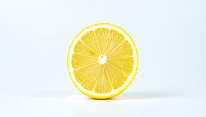 Bright yellow lemon slice, cut in half, with white background. Citrus, juicy and refreshing