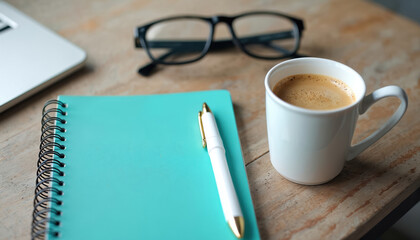 Flat lay of turquoise notebook pen glasses and coffee cup on wooden desk. Planning for work or study. Cozy home office setup for productivity and relaxation.