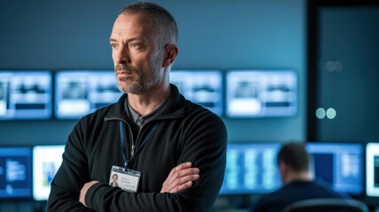 Middle-aged Caucasian Cybersecurity Leader (CISO) in SOC — 24/7 Threat Monitoring Hero Image, Arms Crossed, Blue Control Room