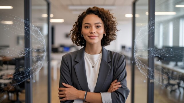 Female tech leader portrait — mixed-race CEO/CTO, confident in gray blazer, modern office with blue AI wireframe, horizontal hero image with copy space - Powered by Adobe