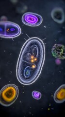 Microscopic dreamlike view inside a cell, with mitochondria as tiny glowing power plants recharging at night.
