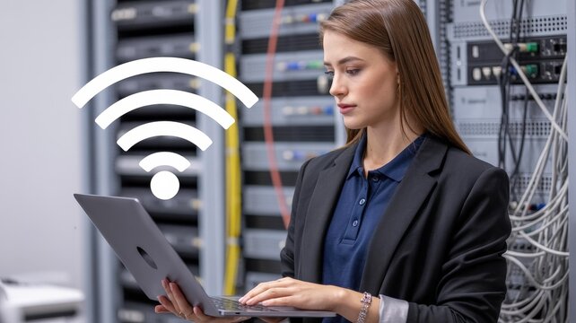 Young Caucasian Female IT Technician in Data Center with Laptop & Wi‑Fi Icon — Enterprise Wi‑Fi / Managed Services Header Image