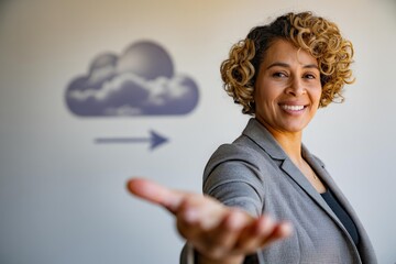 Smiling middle-aged businesswoman in gray blazer reaching for cloud icon — cloud migration & IT consultancy hero image