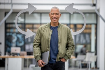 Middle-Aged African American Businessman in Olive Bomber Jacket with Laptop, Smiling — Mid‑Career Pivot/Upskilling Hero Image
