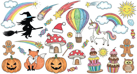 Vector art of whimsical collection of fantasy and holiday elements