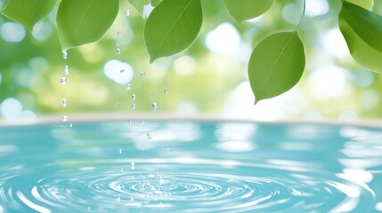 Water droplets falling from leaves into calm water