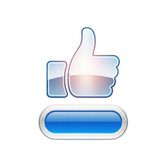 Shiny blue button with a glowing white thumbs up icon isolated on transparent background