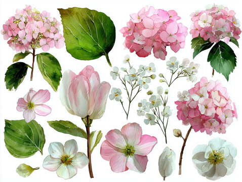 Zestaw akwarelowych ilustracji przedstawiający wiosenne kwiaty (hortensje, tulipany) w odcieniach r&oacute;żu i bieli, z zielonymi liśćmi na białym tle.