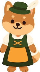 This image shows a cute cartoon dog dressed in traditional Bavarian clothing, featuring a green dress with a yellow apron and a green hat with a feather.