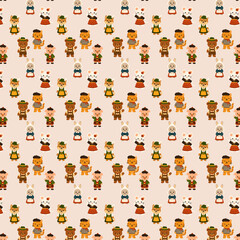 This image shows a seamless pattern of cute cartoon animals dressed in various traditional European outfits, including a bear, rabbit, pig, cat, mouse, and dog.
