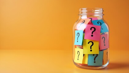 Obraz premium Glass jar full of colorful sticky notes with question marks. Represents common queries, uncertainty, and the search for solutions and ideas. Useful for education and problem-solving concepts.