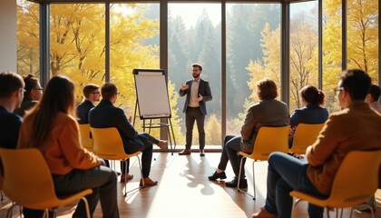 Diverse group attends autumn training session. Speaker presents near whiteboard. Attendees sit in chairs, learning about new skills. Career growth opportunity.