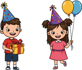 Smiling cartoon children wearing inflatable swim rings illustration of happy boy and girl, summer pool beach holiday water fun vector artwork