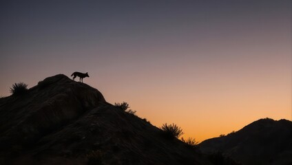 Silhouette of a coyote atop a rocky hill at sunset