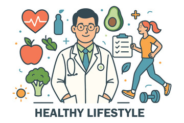 Doctor promoting healthy lifestyle with nutrition and exercise elements