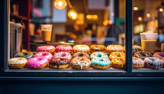 Colorful donuts displayed in a shop window - Powered by Adobe