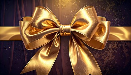 Glimmering golden bow adorns a luxurious package against rich dark, mottled backdrop
