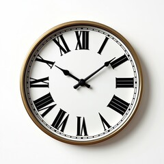 Classic round wall clock face with Roman numerals and black hands. Gold metal bezel borders white dial. Simple, functional time piece suitable for home office or kitchen decor.