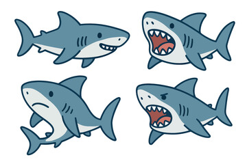 Fototapeta premium Group of Cartoon Sharks with Smiling and Aggressive Expressions on Transparent Background
