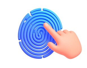 Cartoon hand touching a stylized fingerprint