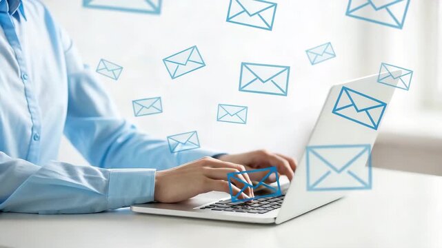Person typing on a laptop with email icons floating above the device on a white background table