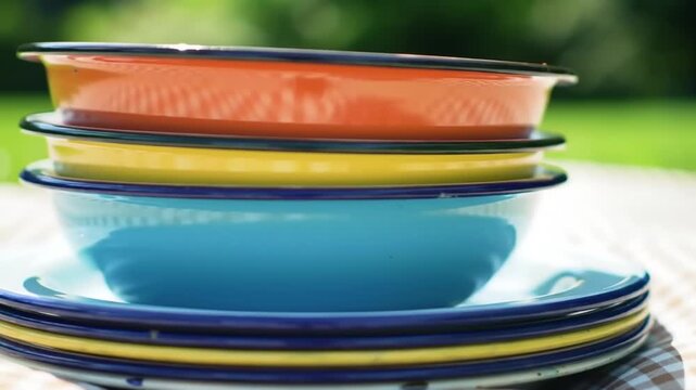 A stack of colorful enamel bowls and plates in bright orange, yellow, and blue, set outdoors on a table with a blurred green background.