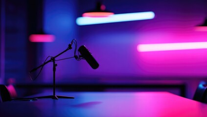 A sleek microphone stand, set against a backdrop of vibrant pink and blue neon lights, casts a dynamic, modern mood in a professional recording  setting.