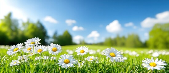 Daisies bloom in a vibrant green field under a bright blue sky