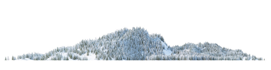 3D render panoramic view of mountains in winter on a transparent background.	