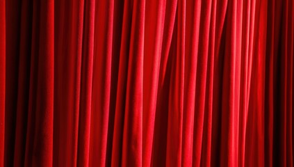 Close-up view of rich, vibrant red theater curtains, exhibiting deep folds and a dramatic, theatrical feel.